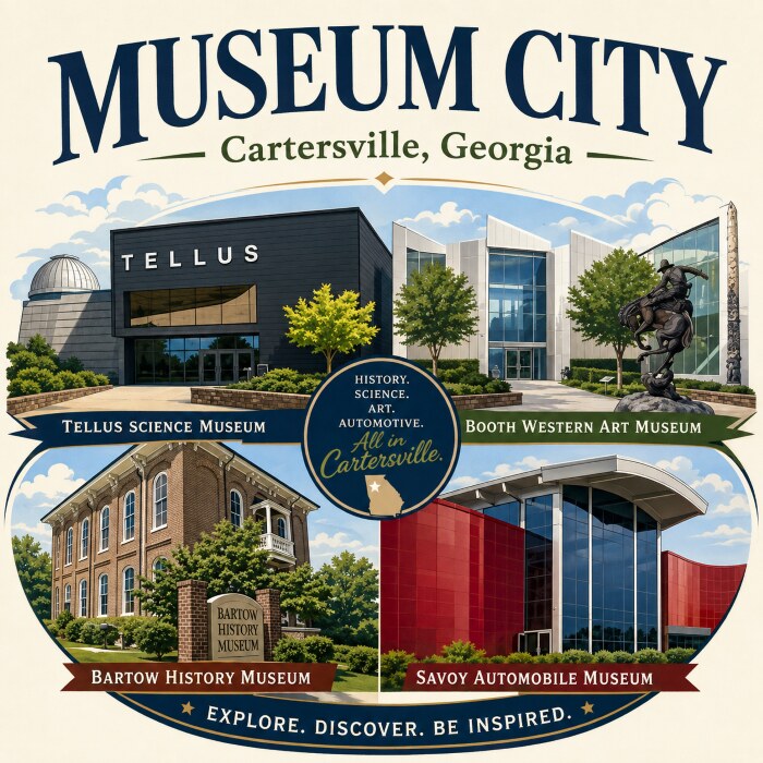 Museum City artwork featuring Cartersville's Tellus Science Museum, Booth Western Art Museum, Bartow History Museum, and Savoy Automobile Museum